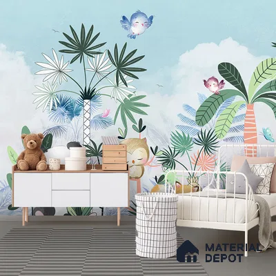 Friends Who Live Between Leaves Jungle Animals Gathering | WP 04041 Canvas Texture Finish Animal Print Style luxurious Customized size Wallpaper | 250 GSM WP01CNF Paper | (MOQ = 30 Sq. Ft.) | Design change not possible