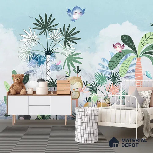 Friends Who Live Between Leaves Jungle Animals Gathering | WP 04041 Canvas Texture Finish Animal Print Style luxurious Customized size Wallpaper | 250 GSM WP01CNF Paper | (MOQ = 30 Sq. Ft.) | Design change not possible