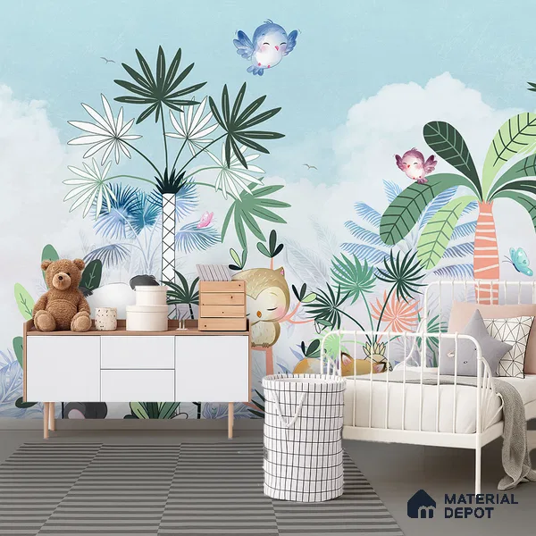 Friends Who Live Between Leaves Jungle Animals Gathering | WP 04041 Canvas Texture Finish Animal Print Style luxurious Customized size Wallpaper | 250 GSM WP01CNF Paper | (MOQ = 30 Sq. Ft.) | Design change not possible