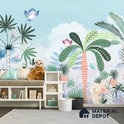 Friends Who Live Between Leaves Jungle Animals Gathering | WP 04041 Canvas Texture Finish Animal Print Style luxurious Customized size Wallpaper | 250 GSM WP01CNF Paper | (MOQ = 30 Sq. Ft.) | Design change not possible