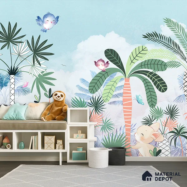 Friends Who Live Between Leaves Jungle Animals Gathering | WP 04041 Canvas Texture Finish Animal Print Style luxurious Customized size Wallpaper | 250 GSM WP01CNF Paper | (MOQ = 30 Sq. Ft.) | Design change not possible