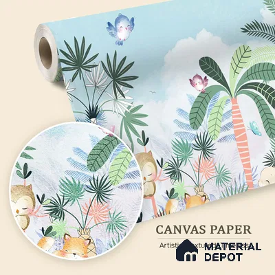 Friends Who Live Between Leaves Jungle Animals Gathering | WP 04041 Canvas Texture Finish Animal Print Style luxurious Customized size Wallpaper | 250 GSM WP01CNF Paper | (MOQ = 30 Sq. Ft.) | Design change not possible
