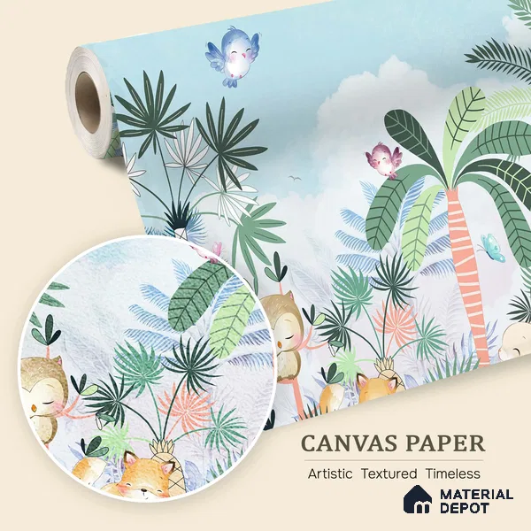 Friends Who Live Between Leaves Jungle Animals Gathering | WP 04041 Canvas Texture Finish Animal Print Style luxurious Customized size Wallpaper | 250 GSM WP01CNF Paper | (MOQ = 30 Sq. Ft.) | Design change not possible