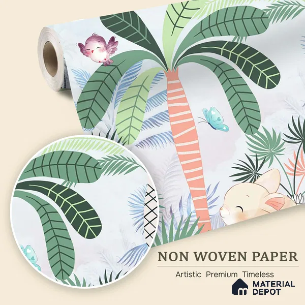 Friends Who Live Between Leaves Jungle Animals Gathering | WP 04041 B Non Woven Matte Finish Animal Print Style Premium Customized size Wallpaper | 150 GSM WP01MTF Paper | (MOQ = 30 Sq. Ft.) | Design change not possible