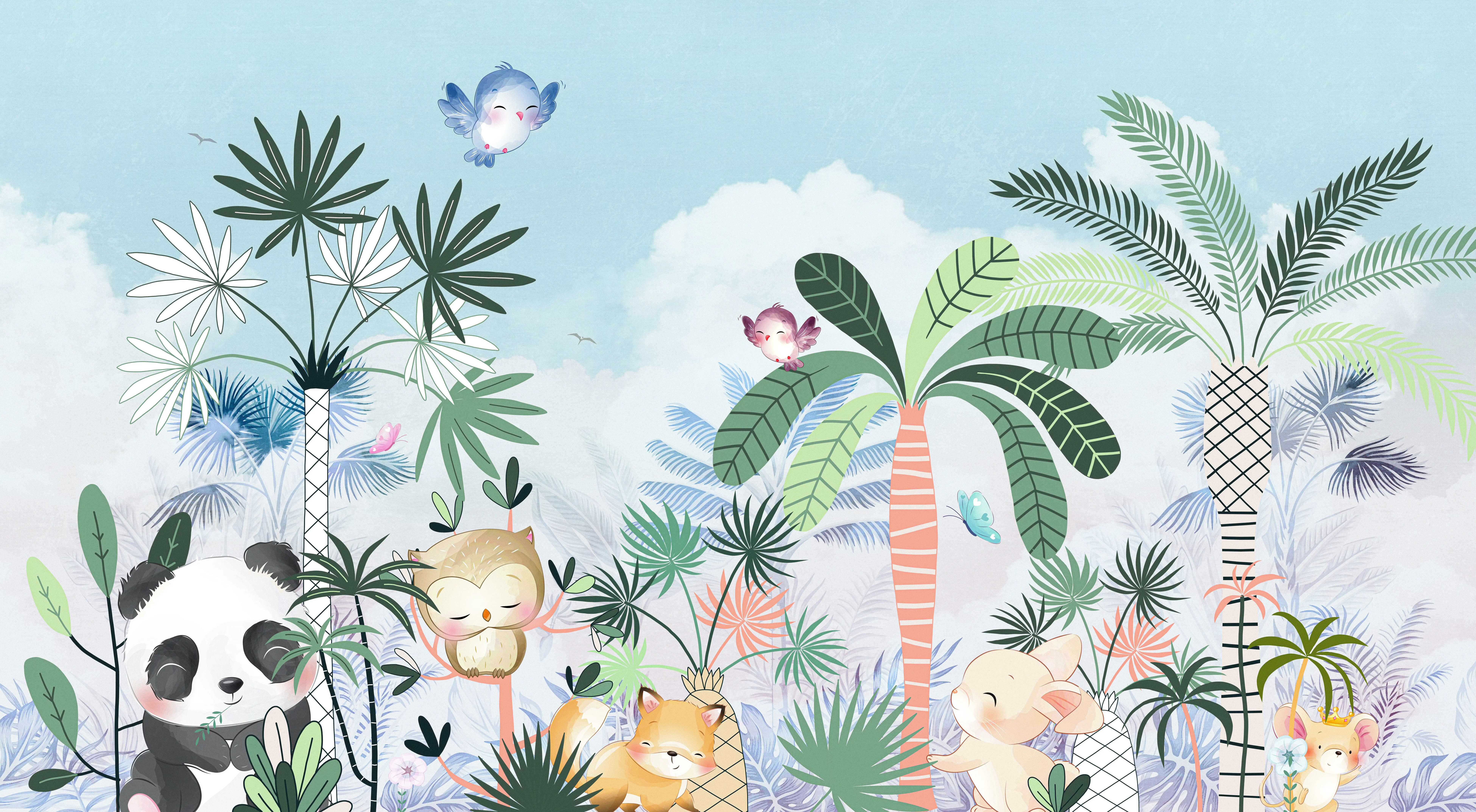 Friends Who Live Between Leaves Jungle Animals Gathering | WP 04041 Canvas Texture Finish Animal Print Style luxurious Customized size Wallpaper | 250 GSM WP01CNF Paper | (MOQ = 30 Sq. Ft.) | Design change not possible
