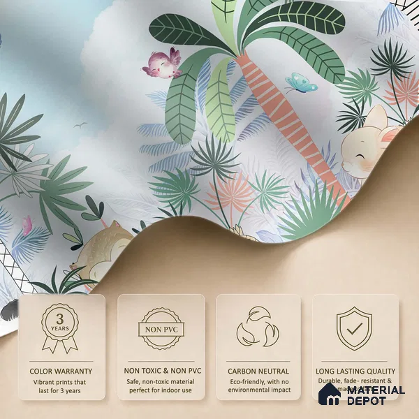 Friends Who Live Between Leaves Jungle Animals Gathering | WP 04041 B Non Woven Matte Finish Animal Print Style Premium Customized size Wallpaper | 150 GSM WP01MTF Paper | (MOQ = 30 Sq. Ft.) | Design change not possible