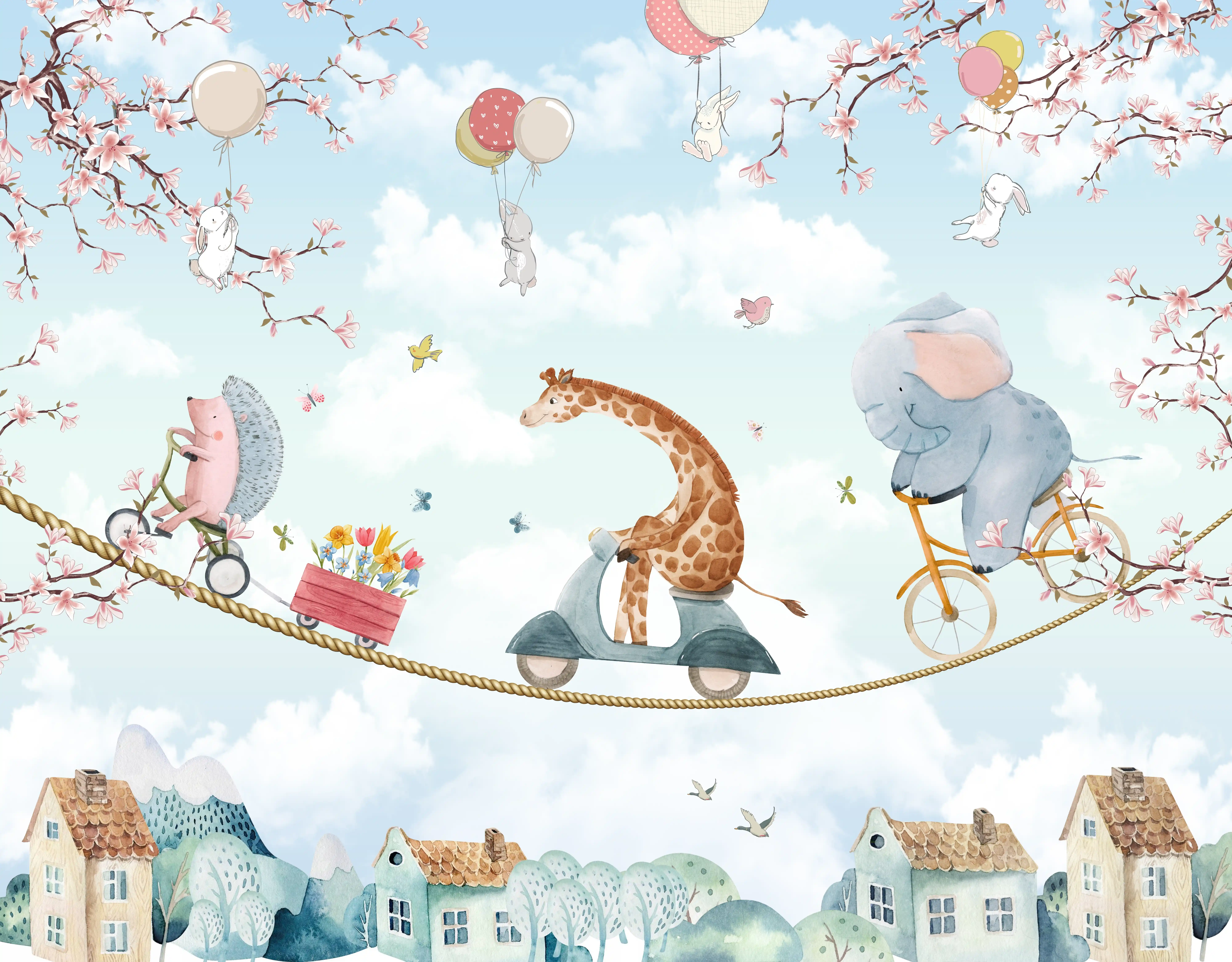 A Quiet Day Above the Town Cute Animal Circus Show | WP 04042 B Non Woven Matte Finish Animal Print Style Premium Customized size Wallpaper | 150 GSM WP01MTF Paper | (MOQ = 30 Sq. Ft.) | Design change not possible