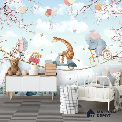 A Quiet Day Above the Town Cute Animal Circus Show | WP 04042 B Non Woven Matte Finish Animal Print Style Premium Customized size Wallpaper | 150 GSM WP01MTF Paper | (MOQ = 30 Sq. Ft.) | Design change not possible