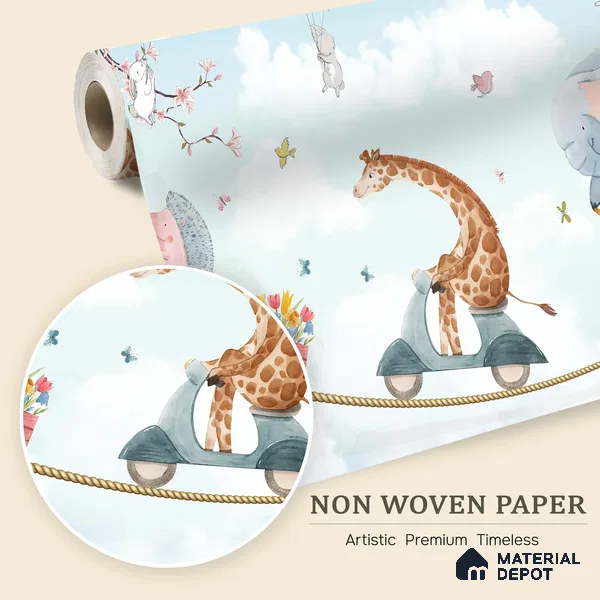 A Quiet Day Above the Town Cute Animal Circus Show | WP 04042 B Non Woven Matte Finish Animal Print Style Premium Customized size Wallpaper | 150 GSM WP01MTF Paper | (MOQ = 30 Sq. Ft.) | Design change not possible