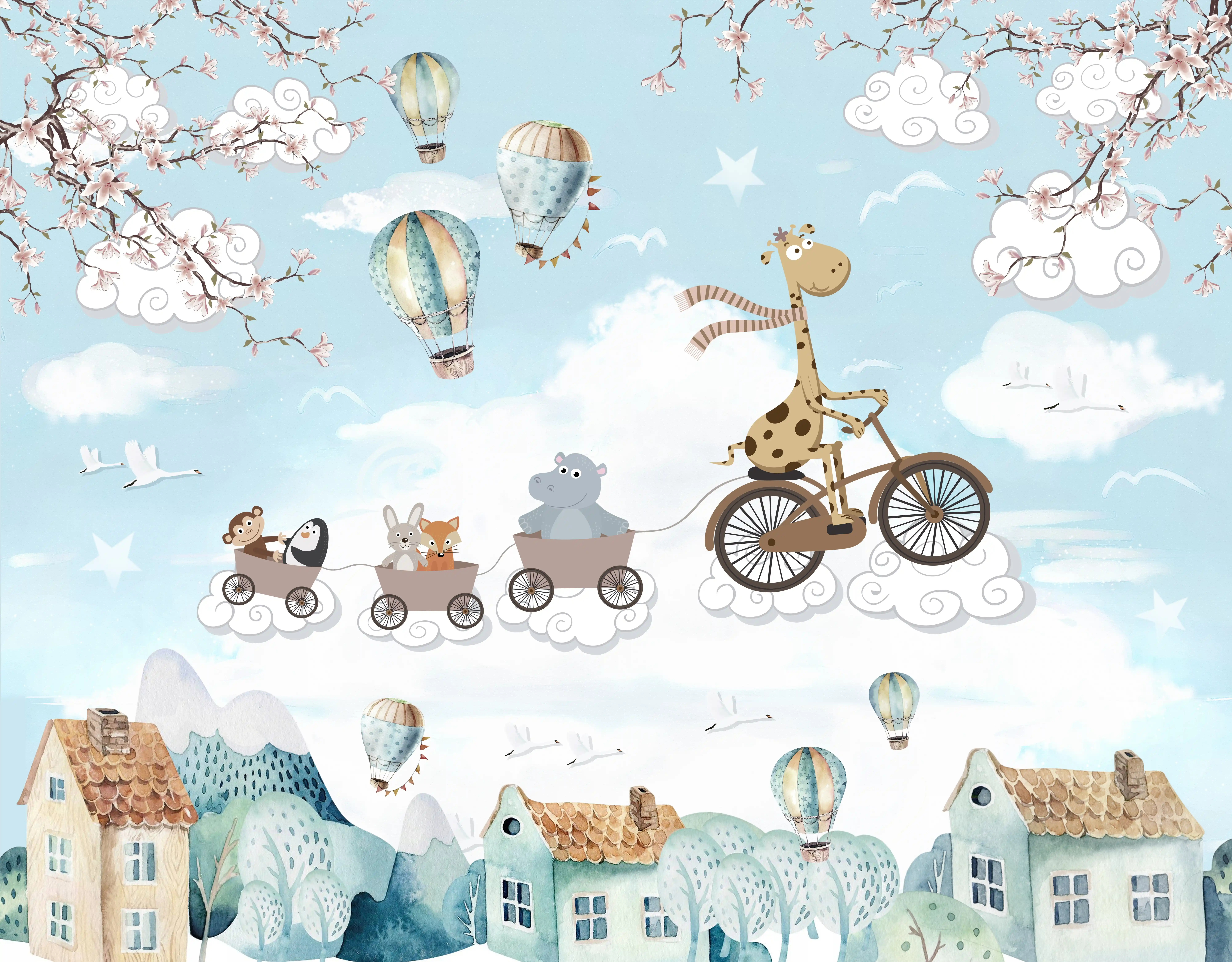 Long Ride Through the Clouds Animals Riding In City Illustration | WP 04043 B Non Woven Matte Finish Animal Print Style Premium Customized size Wallpaper | 150 GSM WP01MTF Paper | (MOQ = 30 Sq. Ft.) | Design change not possible