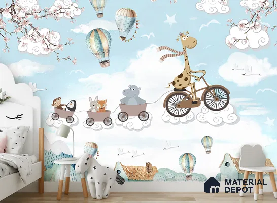 Long Ride Through the Clouds Animals Riding In City Illustration | WP 04043 B Non Woven Matte Finish Animal Print Style Premium Customized size Wallpaper | 150 GSM WP01MTF Paper | (MOQ = 30 Sq. Ft.) | Design change not possible