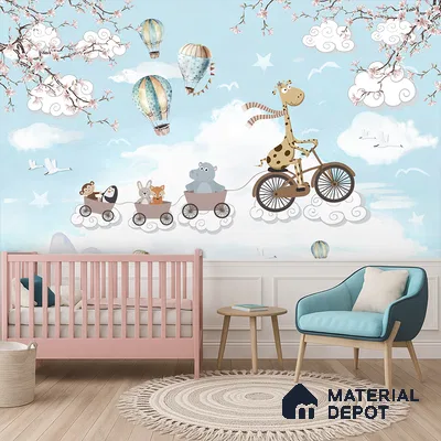 Long Ride Through the Clouds Animals Riding In City Illustration | WP 04043 B Non Woven Matte Finish Animal Print Style Premium Customized size Wallpaper | 150 GSM WP01MTF Paper | (MOQ = 30 Sq. Ft.) | Design change not possible