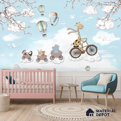 Long Ride Through the Clouds Animals Riding In City Illustration | WP 04043 B Non Woven Matte Finish Animal Print Style Premium Customized size Wallpaper | 150 GSM WP01MTF Paper | (MOQ = 30 Sq. Ft.) | Design change not possible
