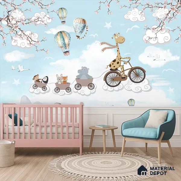 Long Ride Through the Clouds Animals Riding In City Illustration | WP 04043 B Non Woven Matte Finish Animal Print Style Premium Customized size Wallpaper | 150 GSM WP01MTF Paper | (MOQ = 30 Sq. Ft.) | Design change not possible