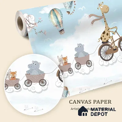 Long Ride Through the Clouds Animals Riding In City Illustration | WP 04043 Canvas Texture Finish Animal Print Style luxurious Customized size Wallpaper | 250 GSM WP01CNF Paper | (MOQ = 30 Sq. Ft.) | Design change not possible