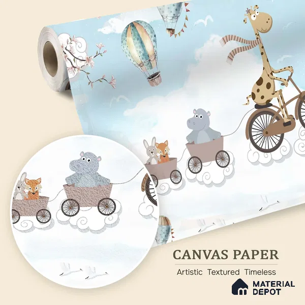 Long Ride Through the Clouds Animals Riding In City Illustration | WP 04043 Canvas Texture Finish Animal Print Style luxurious Customized size Wallpaper | 250 GSM WP01CNF Paper | (MOQ = 30 Sq. Ft.) | Design change not possible