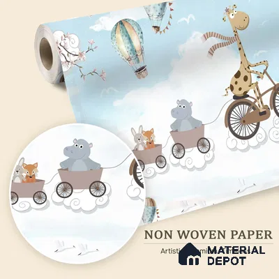 Long Ride Through the Clouds Animals Riding In City Illustration | WP 04043 B Non Woven Matte Finish Animal Print Style Premium Customized size Wallpaper | 150 GSM WP01MTF Paper | (MOQ = 30 Sq. Ft.) | Design change not possible