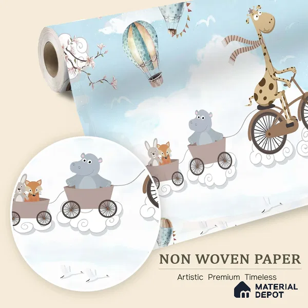 Long Ride Through the Clouds Animals Riding In City Illustration | WP 04043 B Non Woven Matte Finish Animal Print Style Premium Customized size Wallpaper | 150 GSM WP01MTF Paper | (MOQ = 30 Sq. Ft.) | Design change not possible