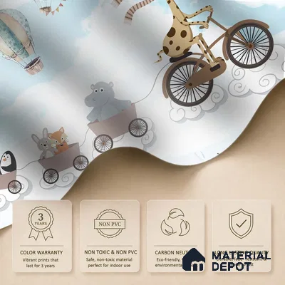Long Ride Through the Clouds Animals Riding In City Illustration | WP 04043 Canvas Texture Finish Animal Print Style luxurious Customized size Wallpaper | 250 GSM WP01CNF Paper | (MOQ = 30 Sq. Ft.) | Design change not possible