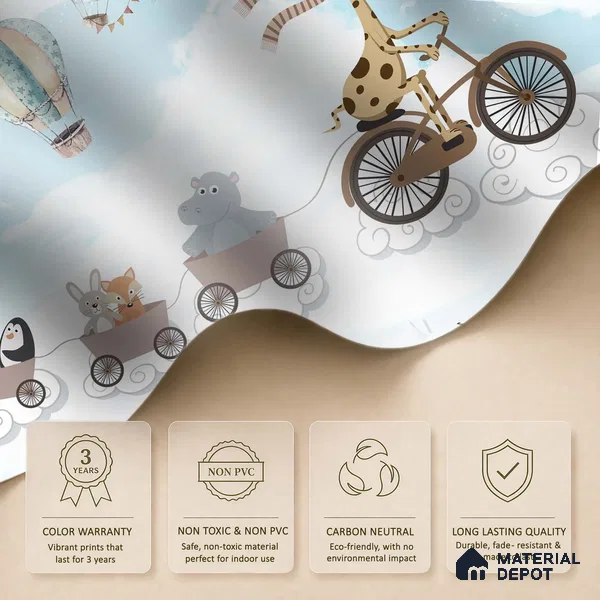 Long Ride Through the Clouds Animals Riding In City Illustration | WP 04043 Canvas Texture Finish Animal Print Style luxurious Customized size Wallpaper | 250 GSM WP01CNF Paper | (MOQ = 30 Sq. Ft.) | Design change not possible