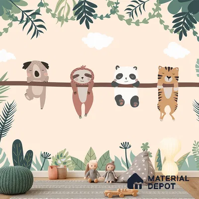 Everyone Rests Together Animals Hanging From Branch | WP 04044 Canvas Texture Finish Animal Print Style luxurious Customized size Wallpaper | 250 GSM WP01CNF Paper | (MOQ = 30 Sq. Ft.) | Design change not possible