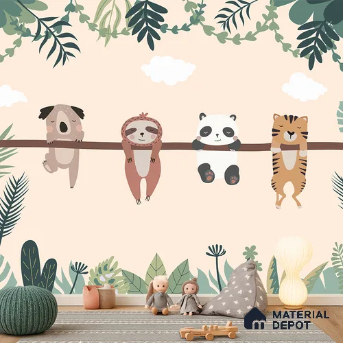 Everyone Rests Together Animals Hanging From Branch | WP 04044 Canvas Texture Finish Animal Print Style luxurious Customized size Wallpaper | 250 GSM WP01CNF Paper | (MOQ = 30 Sq. Ft.) | Design change not possible