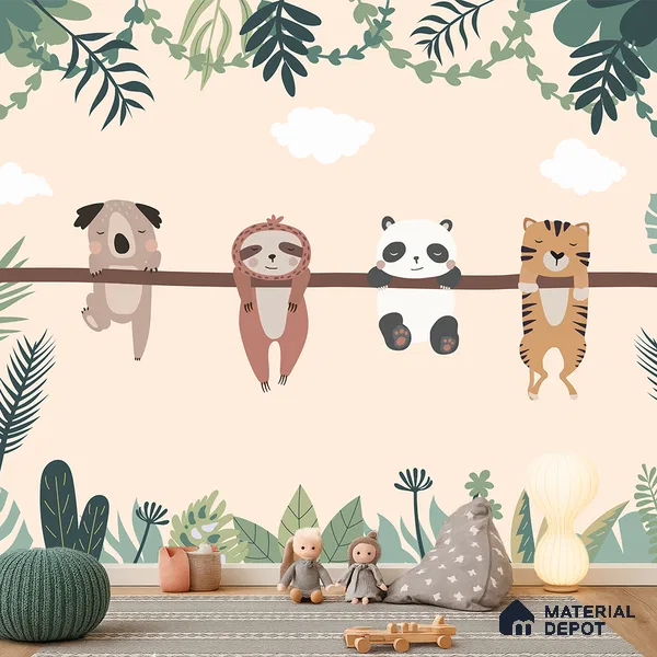 Everyone Rests Together Animals Hanging From Branch | WP 04044 Canvas Texture Finish Animal Print Style luxurious Customized size Wallpaper | 250 GSM WP01CNF Paper | (MOQ = 30 Sq. Ft.) | Design change not possible