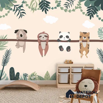 Everyone Rests Together Animals Hanging From Branch | WP 04044 Canvas Texture Finish Animal Print Style luxurious Customized size Wallpaper | 250 GSM WP01CNF Paper | (MOQ = 30 Sq. Ft.) | Design change not possible