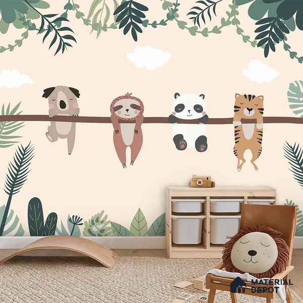 Everyone Rests Together Animals Hanging From Branch | WP 04044 Canvas Texture Finish Animal Print Style luxurious Customized size Wallpaper | 250 GSM WP01CNF Paper | (MOQ = 30 Sq. Ft.) | Design change not possible