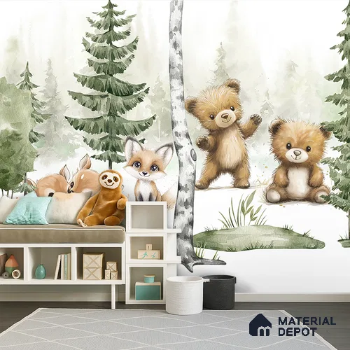 Gentle Side of the Woods Teddy And Deer In Snowy Landscape | WP 04045 B Non Woven Matte Finish Animal Print Style Premium Customized size Wallpaper | 150 GSM WP01MTF Paper | (MOQ = 30 Sq. Ft.) | Design change not possible