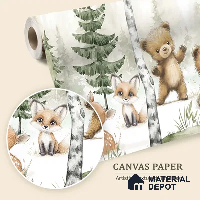 Gentle Side of the Woods Teddy And Deer In Snowy Landscape | WP 04045 Canvas Texture Finish Animal Print Style luxurious Customized size Wallpaper | 250 GSM WP01CNF Paper | (MOQ = 30 Sq. Ft.) | Design change not possible