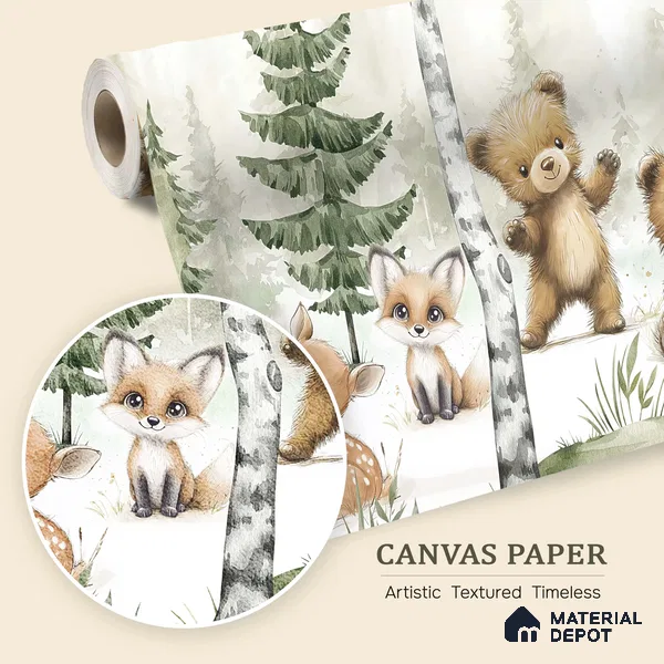 Gentle Side of the Woods Teddy And Deer In Snowy Landscape | WP 04045 Canvas Texture Finish Animal Print Style luxurious Customized size Wallpaper | 250 GSM WP01CNF Paper | (MOQ = 30 Sq. Ft.) | Design change not possible