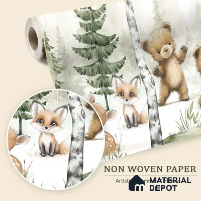 Gentle Side of the Woods Teddy And Deer In Snowy Landscape | WP 04045 B Non Woven Matte Finish Animal Print Style Premium Customized size Wallpaper | 150 GSM WP01MTF Paper | (MOQ = 30 Sq. Ft.) | Design change not possible
