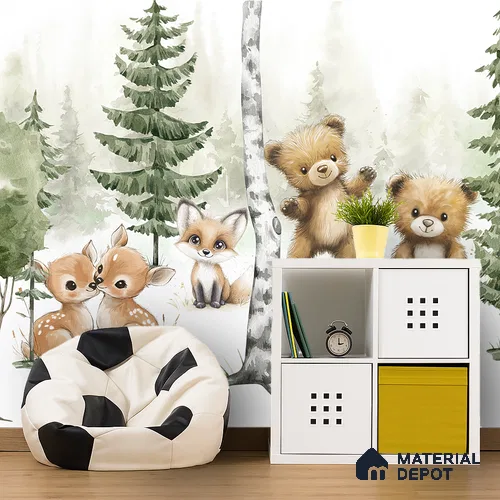 Gentle Side of the Woods Teddy And Deer In Snowy Landscape | WP 04045 Canvas Texture Finish Animal Print Style luxurious Customized size Wallpaper | 250 GSM WP01CNF Paper | (MOQ = 30 Sq. Ft.) | Design change not possible