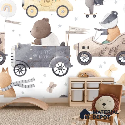 Small Friends on Big Adventures Mice Riding A Toy Vehicle | WP 04046 B Non Woven Matte Finish Animal Print Style Premium Customized size Wallpaper | 150 GSM WP01MTF Paper | (MOQ = 30 Sq. Ft.) | Design change not possible
