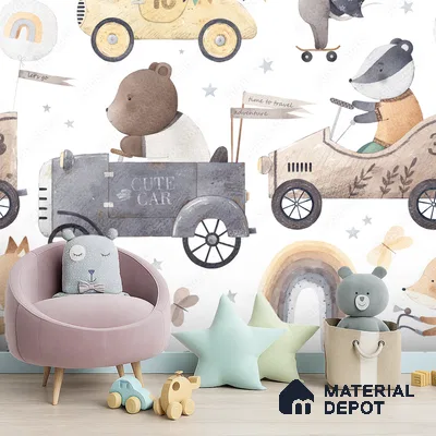 Small Friends on Big Adventures Mice Riding A Toy Vehicle | WP 04046 B Non Woven Matte Finish Animal Print Style Premium Customized size Wallpaper | 150 GSM WP01MTF Paper | (MOQ = 30 Sq. Ft.) | Design change not possible
