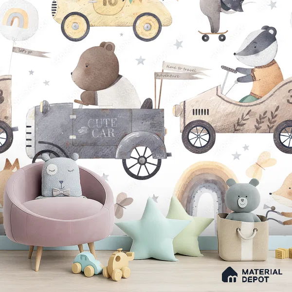 Small Friends on Big Adventures Mice Riding A Toy Vehicle | WP 04046 B Non Woven Matte Finish Animal Print Style Premium Customized size Wallpaper | 150 GSM WP01MTF Paper | (MOQ = 30 Sq. Ft.) | Design change not possible