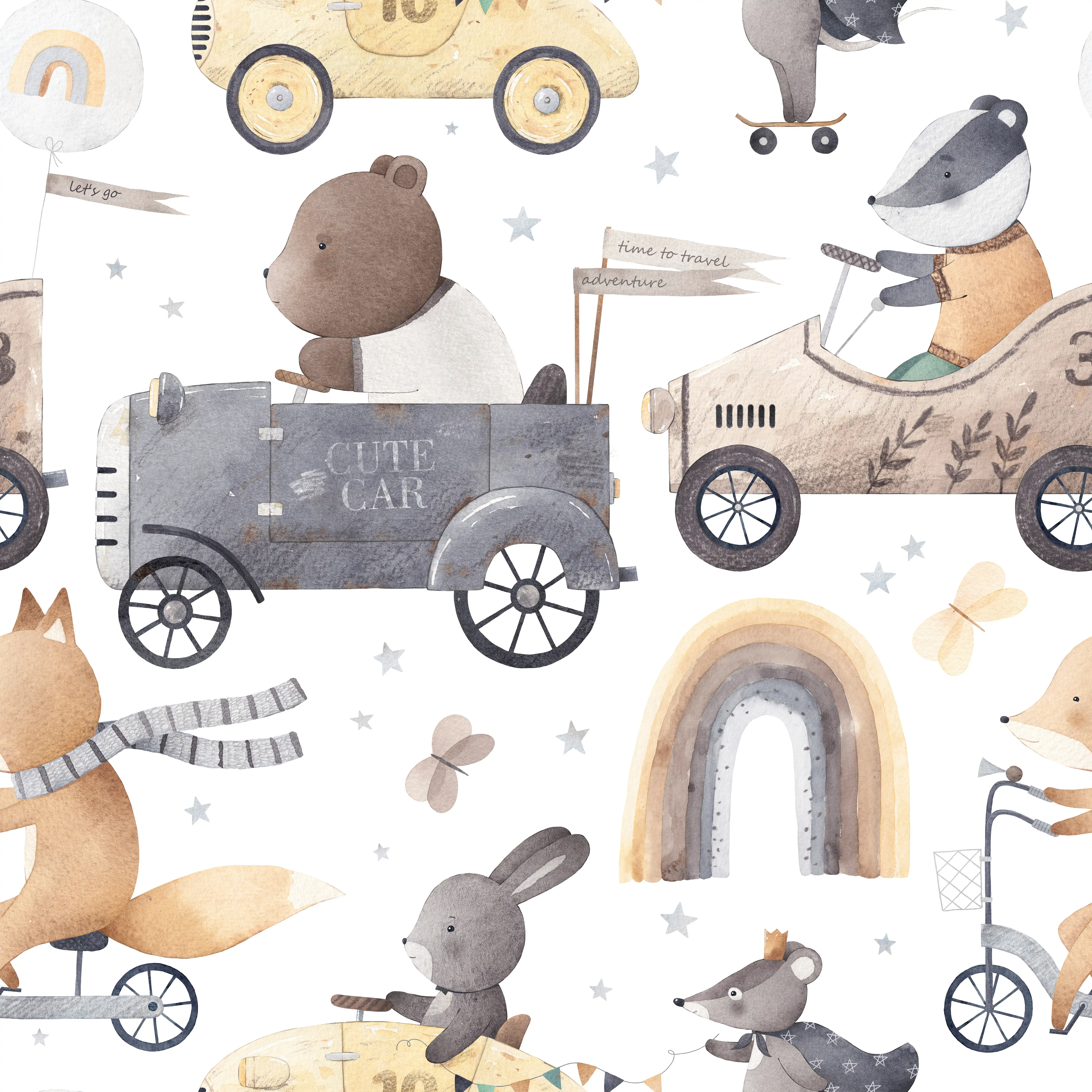 Small Friends on Big Adventures Mice Riding A Toy Vehicle | WP 04046 B Non Woven Matte Finish Animal Print Style Premium Customized size Wallpaper | 150 GSM WP01MTF Paper | (MOQ = 30 Sq. Ft.) | Design change not possible