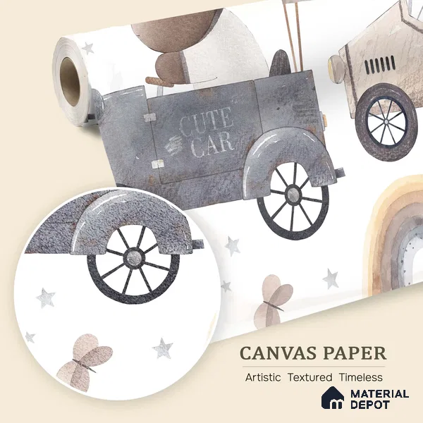 Small Friends on Big Adventures Mice Riding A Toy Vehicle | WP 04046 Canvas Texture Finish Animal Print Style luxurious Customized size Wallpaper | 250 GSM WP01CNF Paper | (MOQ = 30 Sq. Ft.) | Design change not possible