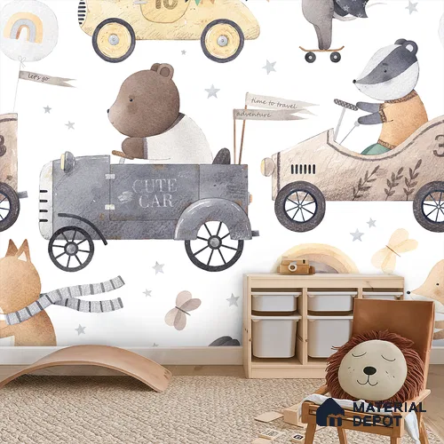 Small Friends on Big Adventures Mice Riding A Toy Vehicle | WP 04046 Canvas Texture Finish Animal Print Style luxurious Customized size Wallpaper | 250 GSM WP01CNF Paper | (MOQ = 30 Sq. Ft.) | Design change not possible