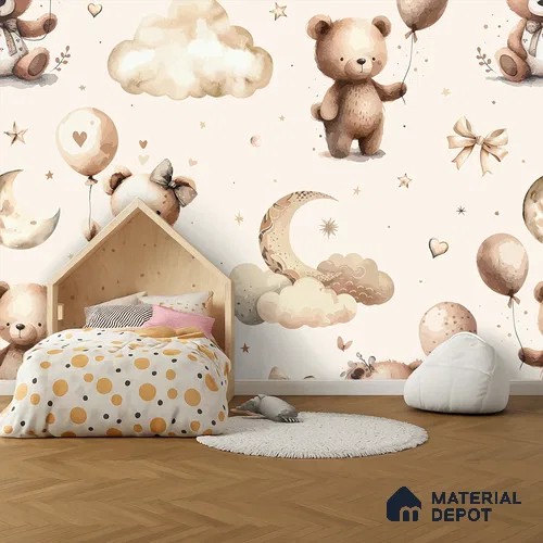 Wrapped in Love & Lullabies Teddy Bear With Balloons | WP 04047 B Non Woven Matte Finish Animal Print Style Premium Customized size Wallpaper | 150 GSM WP01MTF Paper | (MOQ = 30 Sq. Ft.)