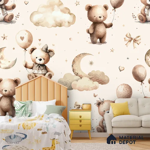 Wrapped in Love & Lullabies Teddy Bear With Balloons | WP 04047 Canvas Texture Finish Animal Print Style luxurious Customized size Wallpaper | 250 GSM WP01CNF Paper | (MOQ = 30 Sq. Ft.)