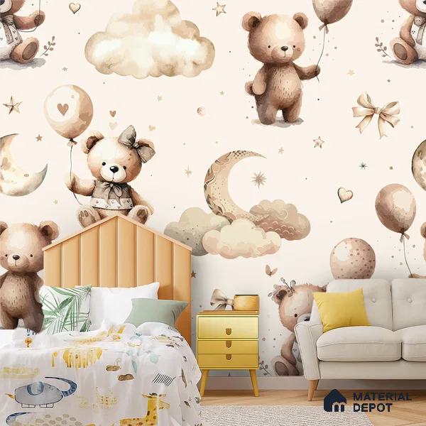 Wrapped in Love & Lullabies Teddy Bear With Balloons | WP 04047 Canvas Texture Finish Animal Print Style luxurious Customized size Wallpaper | 250 GSM WP01CNF Paper | (MOQ = 30 Sq. Ft.)