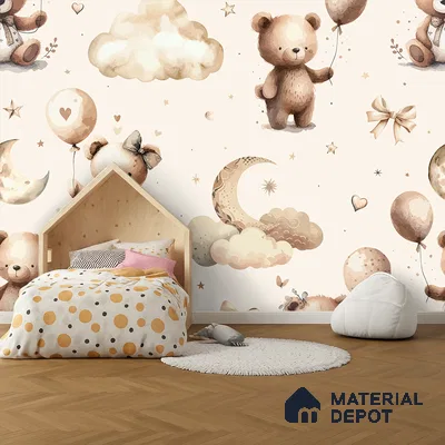 Wrapped in Love & Lullabies Teddy Bear With Balloons | WP 04047 Canvas Texture Finish Animal Print Style luxurious Customized size Wallpaper | 250 GSM WP01CNF Paper | (MOQ = 30 Sq. Ft.)