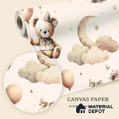 Wrapped in Love & Lullabies Teddy Bear With Balloons | WP 04047 Canvas Texture Finish Animal Print Style luxurious Customized size Wallpaper | 250 GSM WP01CNF Paper | (MOQ = 30 Sq. Ft.)