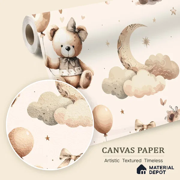 Wrapped in Love & Lullabies Teddy Bear With Balloons | WP 04047 Canvas Texture Finish Animal Print Style luxurious Customized size Wallpaper | 250 GSM WP01CNF Paper | (MOQ = 30 Sq. Ft.)