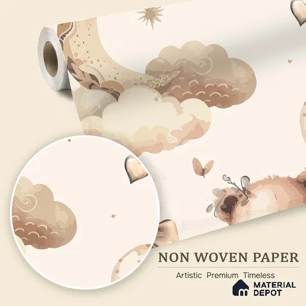 Wrapped in Love & Lullabies Teddy Bear With Balloons | WP 04047 B Non Woven Matte Finish Animal Print Style Premium Customized size Wallpaper | 150 GSM WP01MTF Paper | (MOQ = 30 Sq. Ft.)
