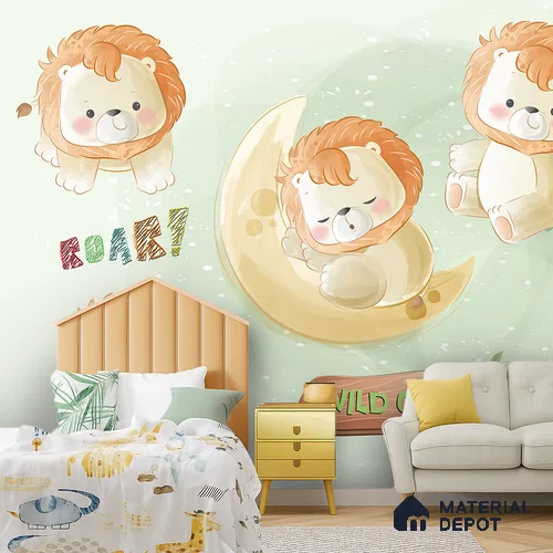Tiny King of Soft Skies Cartoon Lion Under Night Sky | WP 04048 Canvas Texture Finish Animal Print Style luxurious Customized size Wallpaper | 250 GSM WP01CNF Paper | (MOQ = 30 Sq. Ft.)