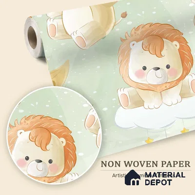 Tiny King of Soft Skies Cartoon Lion Under Night Sky | WP 04048 B Non Woven Matte Finish Animal Print Style Premium Customized size Wallpaper | 150 GSM WP01MTF Paper | (MOQ = 30 Sq. Ft.)