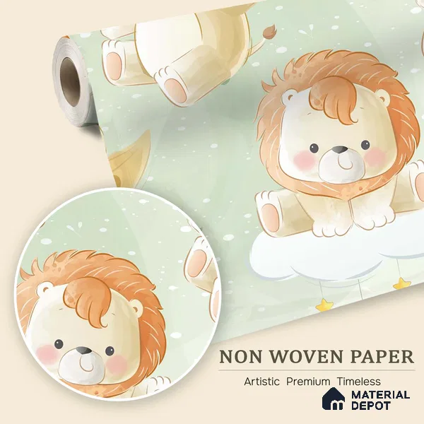 Tiny King of Soft Skies Cartoon Lion Under Night Sky | WP 04048 B Non Woven Matte Finish Animal Print Style Premium Customized size Wallpaper | 150 GSM WP01MTF Paper | (MOQ = 30 Sq. Ft.)